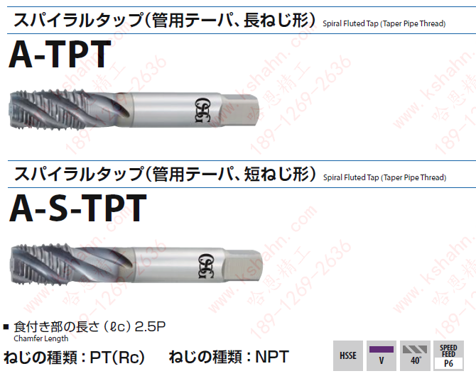 OSG高效率多用途螺旋管螺纹丝锥A-TPT: PT（Rc）,NPT,Rc